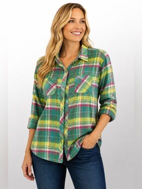 Cabela’s Women’s Plaid Button Down Shirt Green Pink Size M Cotton